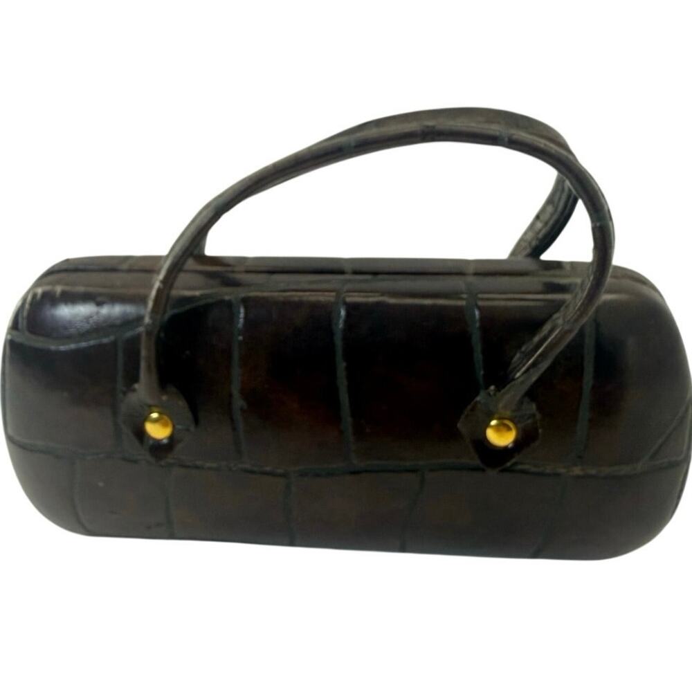 Vintage 70s Purse Style Eyeglasses Case Black Faux Croc Hard Shell w Handles